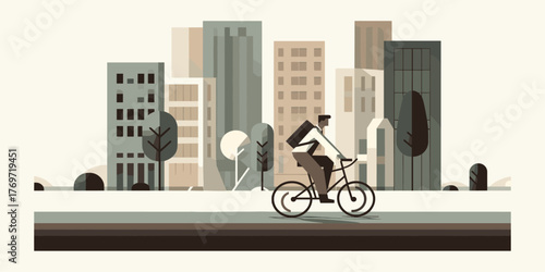 Stylized illustration of an urban cyclist commuting on a bike path with a modern cityscape, representing an eco-friendly transport concept