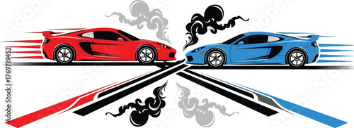 Red and blue sports cars racing headtohead with smoke and tire tracks isolated on white background