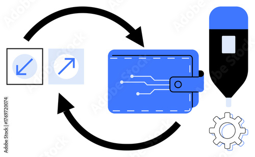Blue digital wallet with circuit lines, two directional arrows, forward and backward signs, pen tool, gear icon. Ideal for fintech, technology, data transfer, blockchain innovation finance payment