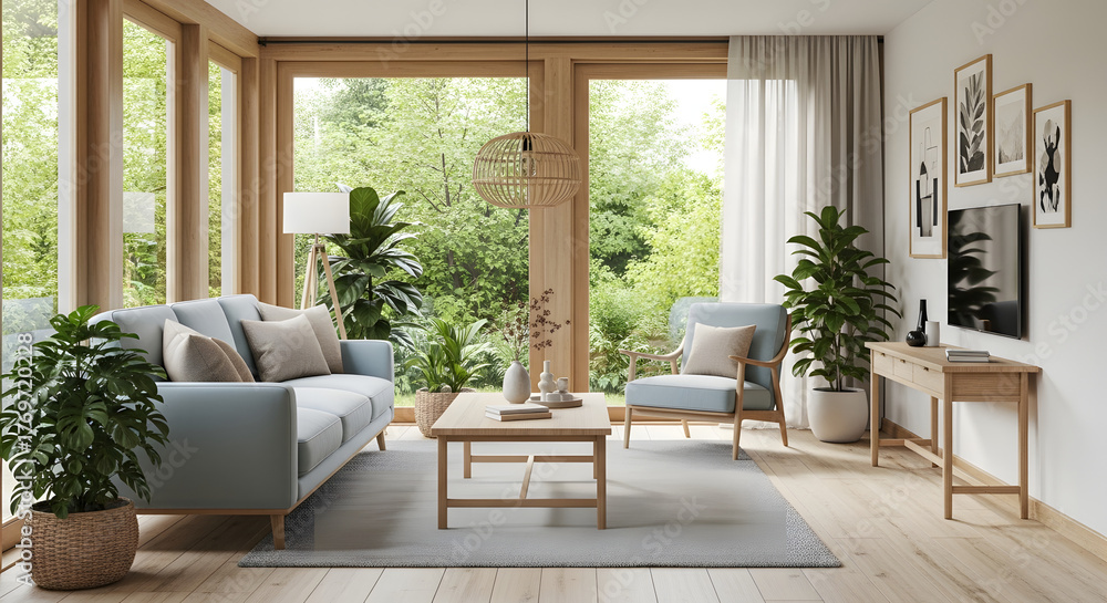 Fototapeta premium Light Filled Living Room with Nature View Home Interior Design