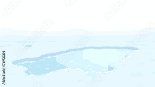 Frozen trough water in arctic snow field surrounded by ice edge, concept of polar climate change