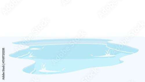 Frozen trough water in icy landscape with melting snow and cracks on surface, concept of arctic thaw