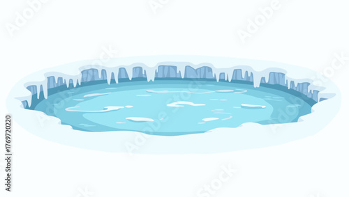 Frozen trough water hole surrounded by ice walls and smooth frozen surface, concept of arctic stillness