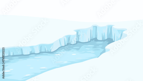 Frozen trough water between icy cliffs with smooth reflections, concept of arctic serenity
