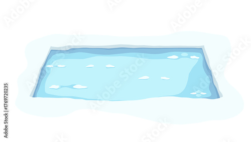 Frozen trough water in rectangular icy basin under soft light reflection, concept of frozen geometry