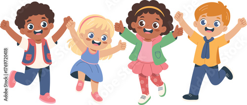 Joyful cartoon children jumping together, holding hands, diverse outfits, cheerful expressions, friendship concept, happy kids illustration, vector art, playful school moment, unity theme