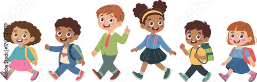 Happy diverse children walking to school, cartoon style, colorful outfits, cheerful expressions, education concept, multicultural kids, back to school illustration, vector art