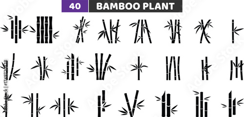 Bamboo Plant Icons Set, Zen Asian Tree Stalk and Leaves Silhouette Vector Collection