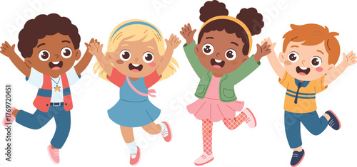 Joyful cartoon children jumping together, diverse outfits, raised arms, cheerful expressions, friendship and fun concept, happy kids illustration, vector art, playful school moment