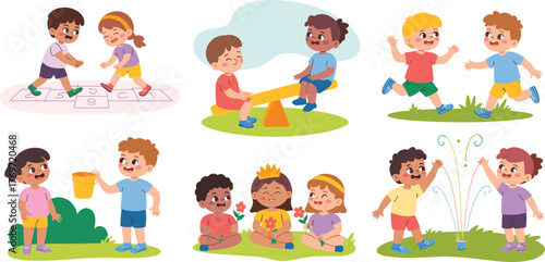 Children playing outdoors in colorful scenes, joyful kids enjoying nature, water, games, friendship, summer fun, active lifestyle, teamwork, imagination, happiness