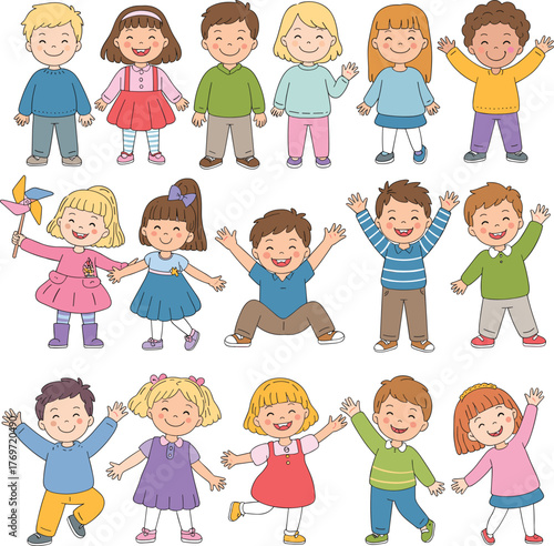 Cartoon children in colorful outfits, diverse group illustration, joyful poses, playful expressions, happy kids, multicultural characters, childhood fun, vibrant design, smiling faces