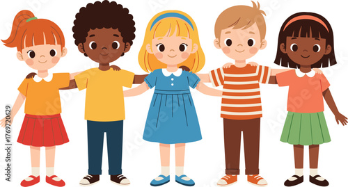 Multicultural children standing together, arms around shoulders, smiling, showing friendship, unity, diversity, inclusion, outdoor portrait, colorful outfits, happy kids, bonding moment