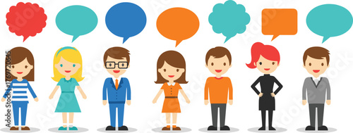 Diverse cartoon characters with speech bubbles, colorful communication concept, multicultural people talking, social interaction, teamwork, dialogue, community, cartoon illustration, vector art