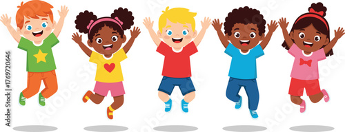 Joyful cartoon children jumping together, arms raised, smiling faces, colorful outfits, diversity, happiness, unity, playful energy, cheerful kids, inclusive celebration, fun moment