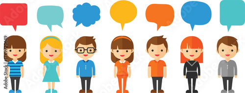 Diverse cartoon characters with speech bubbles, communication concept, teamwork illustration, multicultural group discussion, colorful dialogue icons, social interaction, cartoon people vector