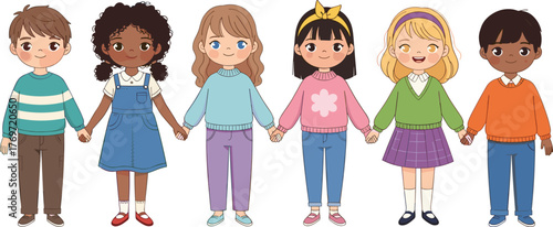 Diverse cartoon children holding hands, unity and friendship concept, multicultural kids illustration, inclusive group, happy childhood, colorful character design, teamwork vector