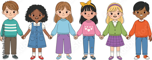 Diverse cartoon children holding hands, inclusive friendship illustration, multicultural kids group, unity and togetherness concept, colorful character design, happy childhood, teamwork vector