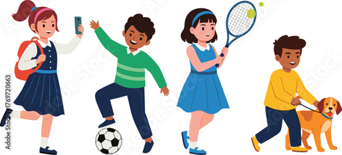 Cartoon children playing sports and walking dog, outdoor activity illustration, diverse kids in motion, fun recreation, active lifestyle, colorful character design