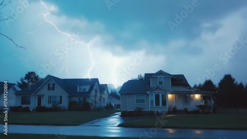 Lightning strikes illuminate a stormy night sky over suburban houses during heavy rainfall