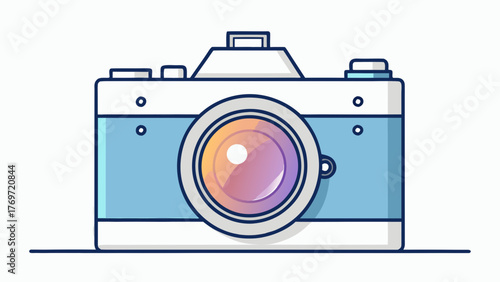 Vector camera, simplified shape, round lens with gradient circle, transparent bg.
