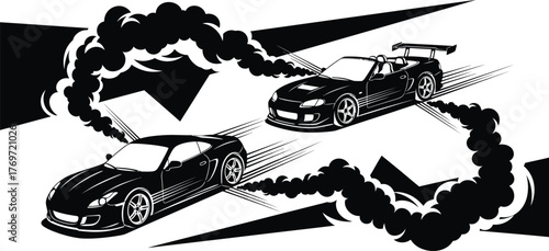 Two cars racing with smoke trails, isolated on white background the cars are black and the smoke is black and white