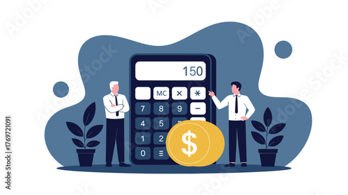 Financial calculation with a calculator and gold coins business people analyzing data vector illustration for accounting and investment