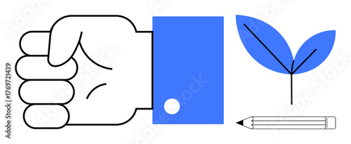 Fist representing power and determination, blue leaf for growth and sustainability, pencil for creativity and expression. Ideal for empowerment, ecology, art, education, innovation, leadership