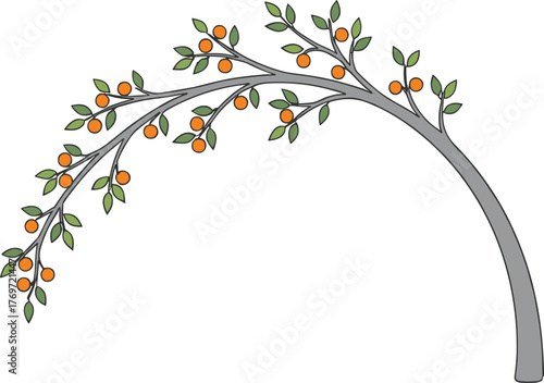 Stylized fruit tree illustration with an arched branch, featuring green leaves and orange fruits, symbolizing nature, abundance, organic harvest, and growth vector design element.