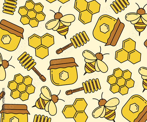 Colorful and line background with icons: honey, honey comb, bee, honey spoon, jar of honey.
