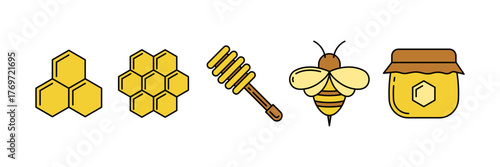 Colorful and line icon set: honey, honey comb, bee, honey spoon, jar of honey.