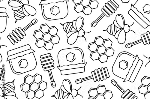Line background with icons: honey, honey comb, bee, honey spoon, jar of honey.