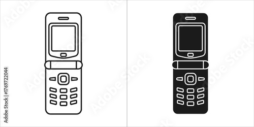 Flip phone icon set, outline and filled