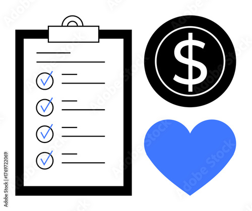A clipboard with a checklist, a black dollar sign in a circle, and a blue heart. Ideal for finance, productivity, prioritization, budgeting, goals setting, planning simple flat metaphor