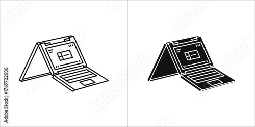 Two icons of a laptop computer, one in outline and one in solid black