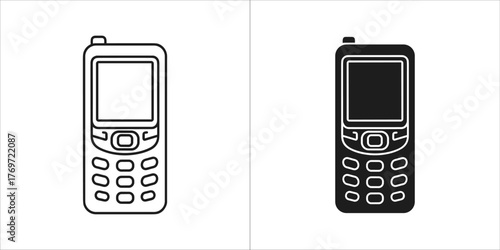 Two icons of a mobile phone, one in outline and one in solid black