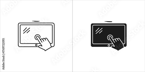Two icons of a tablet computer with a finger touching the screen, one in outline and one in solid black