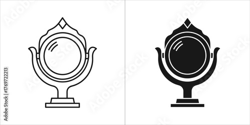 Outline and solid black icon of an ornate vintage mirror