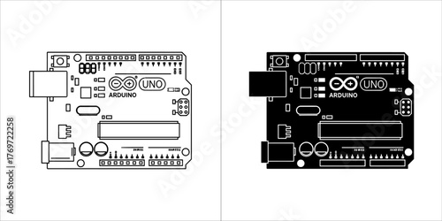Arduino microcontroller board icon, outline and filled version