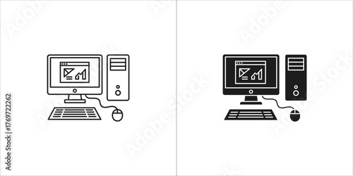 Desktop computer set icon in outline and solid style