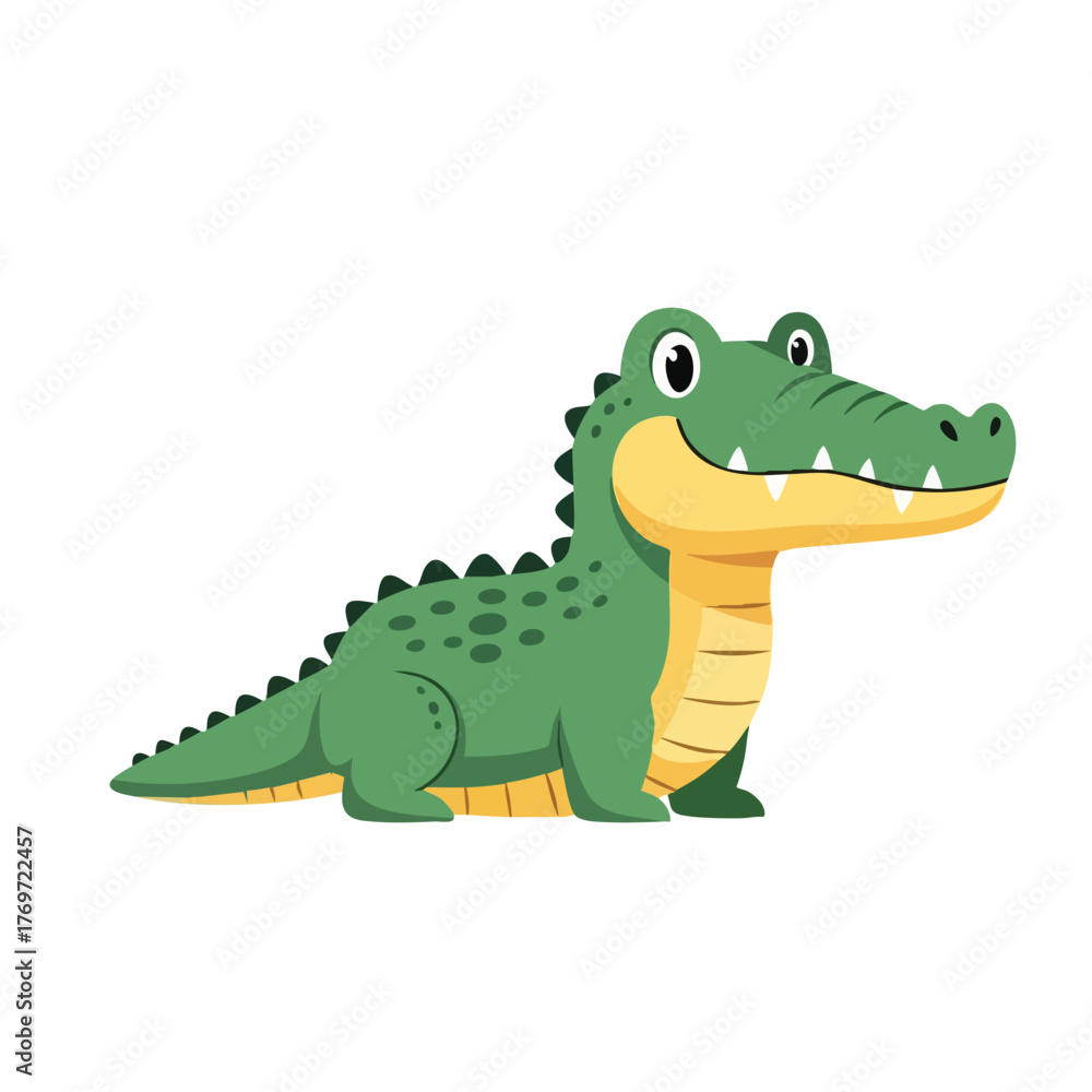 Fototapeta premium Smiling Cartoon Alligator with Green Body and Yellow Belly, Side View