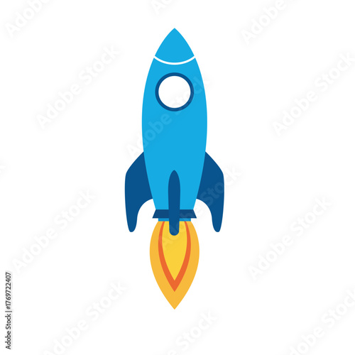 Blue Rocket Ship Launching with Fiery Propulsion