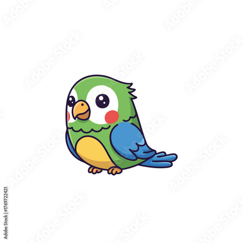 Adorable cartoon parrot with green, blue, and yellow plumage and rosy cheeks