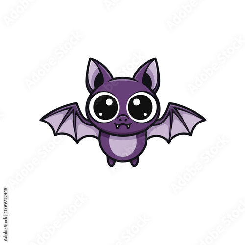 Cartoon purple bat with large eyes and small fangs, wings spread