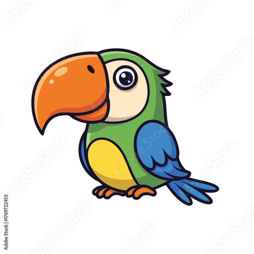 Cheerful Cartoon Toucan with Bright Orange Beak and Blue Tail Feathers