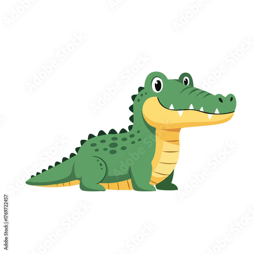 Smiling Cartoon Alligator with Green Body and Yellow Belly, Side View