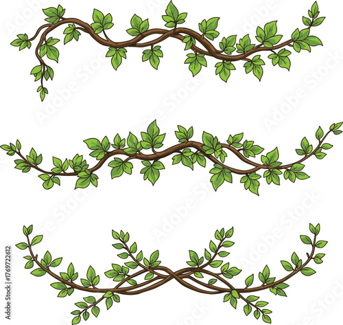 Set of three decorative green vine or branch borders with fresh leaves, illustrating natural growth, spring, ecology, and organic design elements, isolated vector.