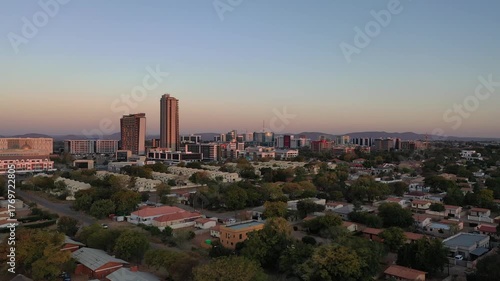 aerial view of residential and commercial neighborhood in Gaborone, capital of Botswana, sunset dawn