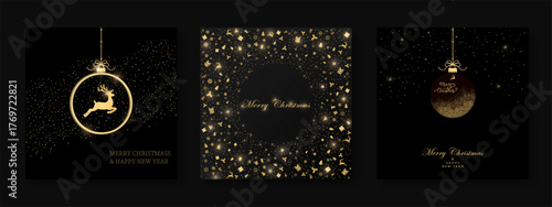 Basic Pack of festive greeting cards with Christmas  ball, dear, christmas tree on black background. Holiday pattern. Vector illustratio