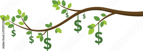 Conceptual illustration of a tree branch with dollar signs hanging from the leaves, symbolizing money, growth, investment, profit, financial success, and business concepts, isolated vector.