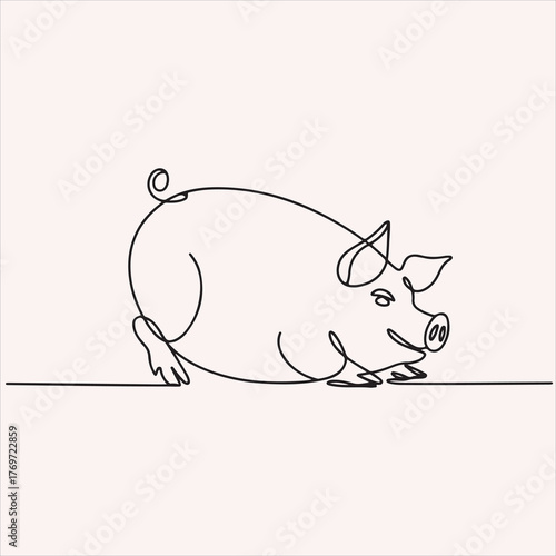 Continuous one line drawing of a cheerful pig. Simple minimalist farm animal vector art illustration